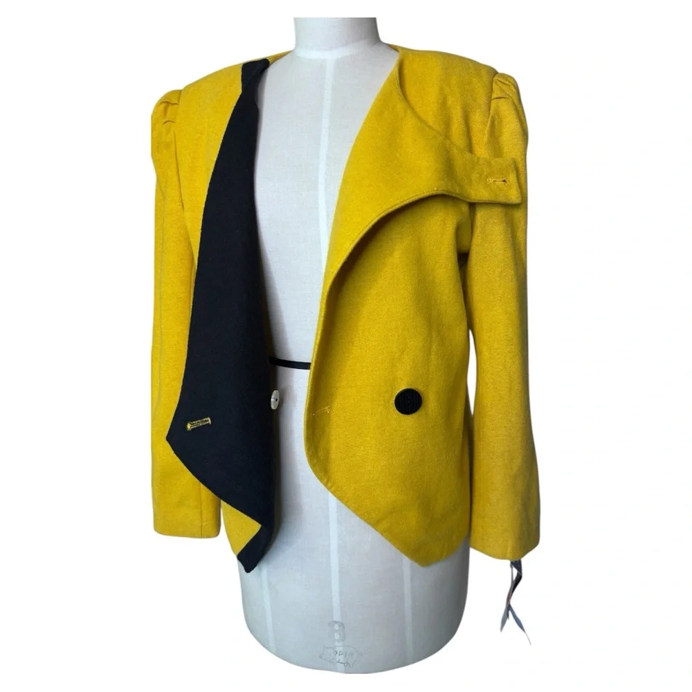 Vintage 80s Abstract Color-block Yellow‎ and Black Statement Wool Jacket 10P